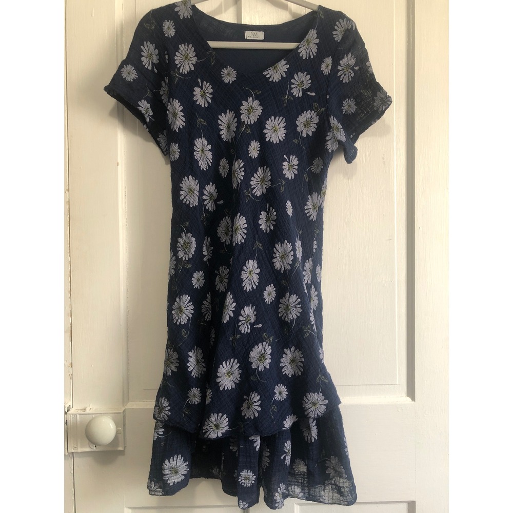 Nina Murati Navy Blue Daisy Cottagecore fem floral SS Tiered Midi dress Italy M